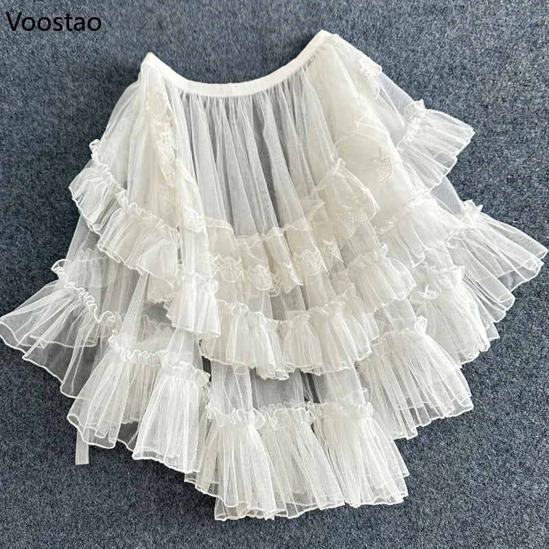 Sweet Lolita Style Double Layer Lace Asymmetrical Ruffles Skirts Women Summer Mesh Cute Curtain Sheer Cover Up Thin Long Skirt