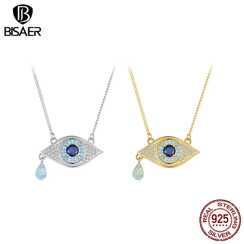 BISAER 925 Sterling Silver Devil's Eye Necklace Pendant Zircon Dainty Trend Adjustable Chain for Lucky Women Fine Jewelry Gift