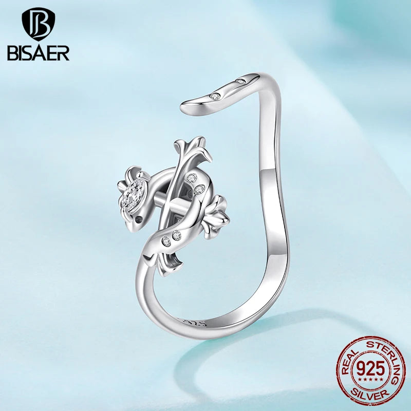 BISAER Real 925 Sterling Silver Iris Snake Open Ring Retro Flowers Band Adjustable Size 5-9 for Women Party Fine Jewelry ECR1136