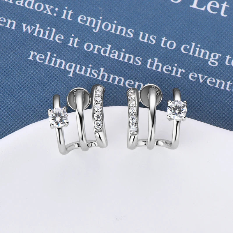 OXTAO Round Moissanite Hoops Earrings Fashion Half Open Cuff Real 925 Silver Piercing Stud Earrings Jewelry Gift for Women