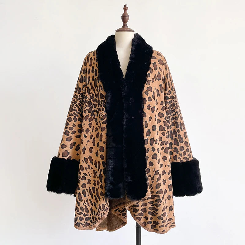 Women's Thick Warm Leopard Print Outerwear - Y2K Streetwear & Elegant Cloak Coat Jacket & Poncho for Autumn Winter