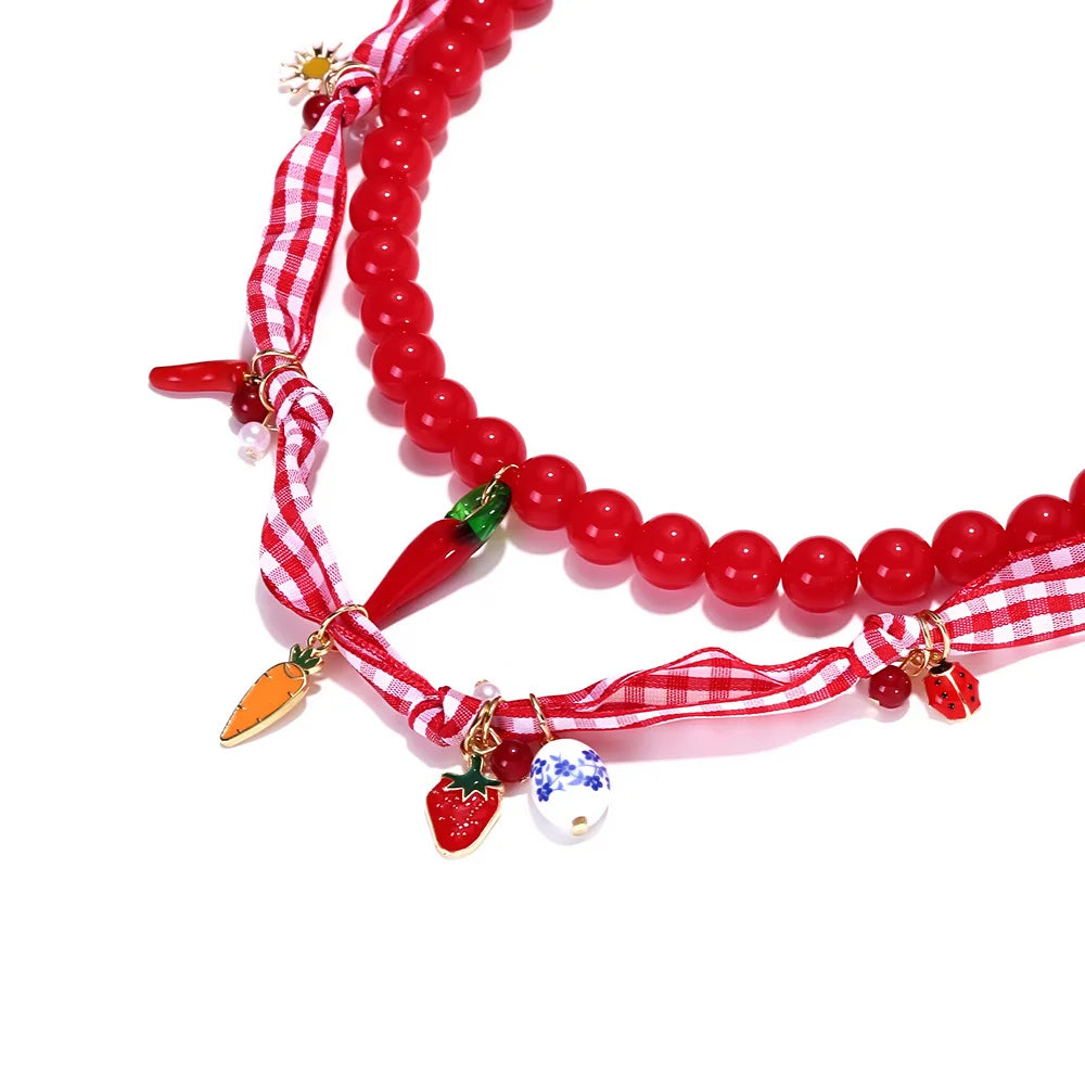 ZAA Sweet Handmade Multi-layer Beaded Strawberry Chili Choker Necklace