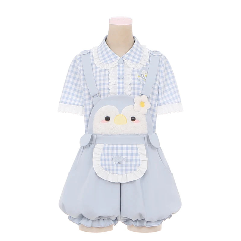Sweet Lolita Style Shorts Set Women Kawaii Cartoon Embroidery Shirt Overalls Short Pants Suit Japanese Girl Cute Bloomers Shorts