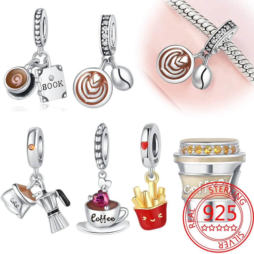 925 Sterling Silver American Coffee Fries Charm Pendant Beads Fit Charms 925 Original Bracelet for Women Jewelry Making