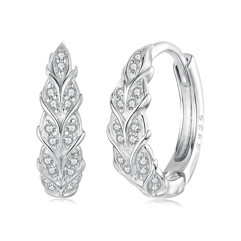 BAMOER 925 Sterling Silver Wheat Hoop Earrings for Women, Full Zircons Feather Shape Earrings Lightweight Shining Jewelry Gift