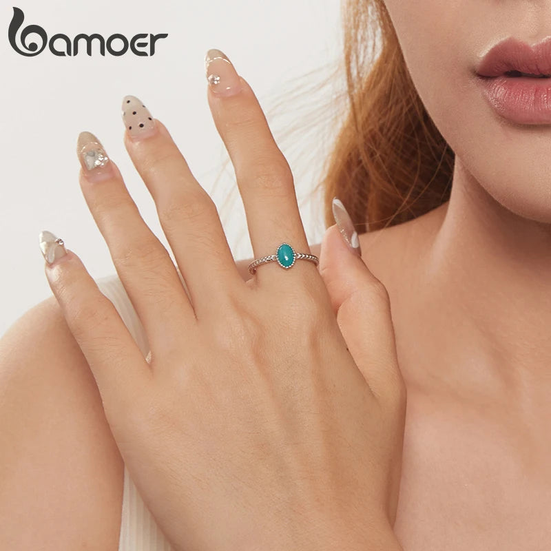 BAMOER 925 Sterling Silver Amazonite/Agate Solitaire Ring, White Gold Plated Finger Rings Dainty Chic Fashion Jewelry BSR624