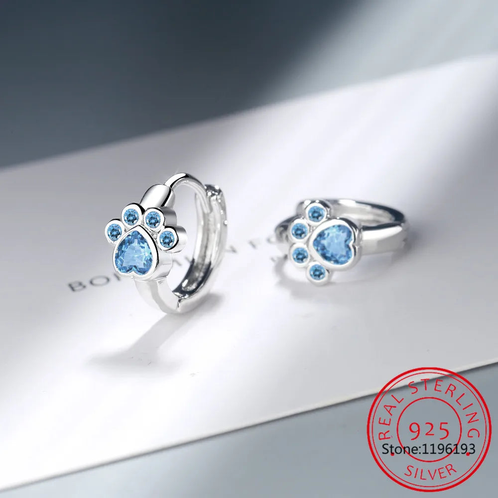 Baby Princess 925 Sterling Silver Blue Crystal Cute Pet Cat Paw Hoop Earring For Child Girl Women Loop Earring Jewelry