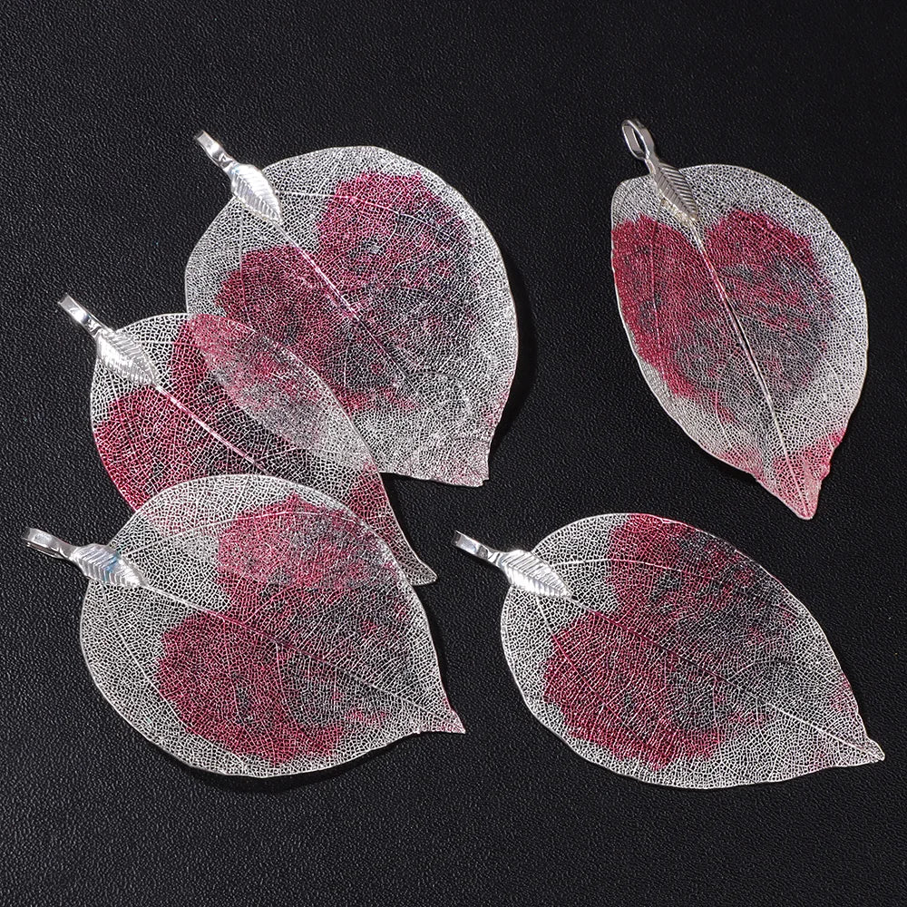 Pendentif en métal avec de véritables feuilles naturelles multicolores, idéal pour la création de bijoux (boucles d'oreilles, colliers, etc.) - Lot de 5