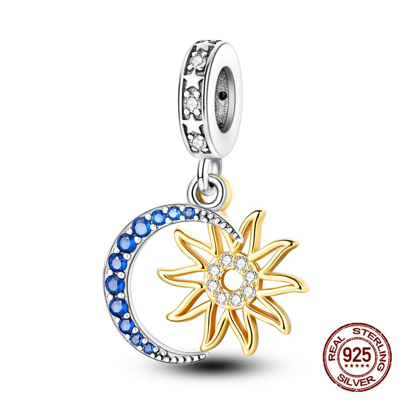 100% 925 Sterling Silver Sparkling Cat Moon Sun and Stars Charms Pendants Fit 3mm 925 Original Bracelets DIY Fine Jewelry