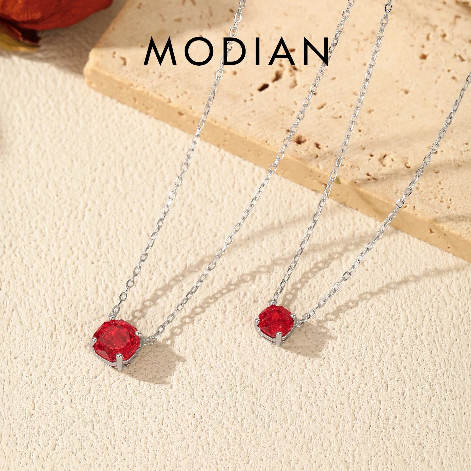 MODIAN 925 Sterling Silver Fashion Pomegranate Red Rose Cut CZ Octagon Pendant Necklace For Women Hypoallergenic Jewelry
