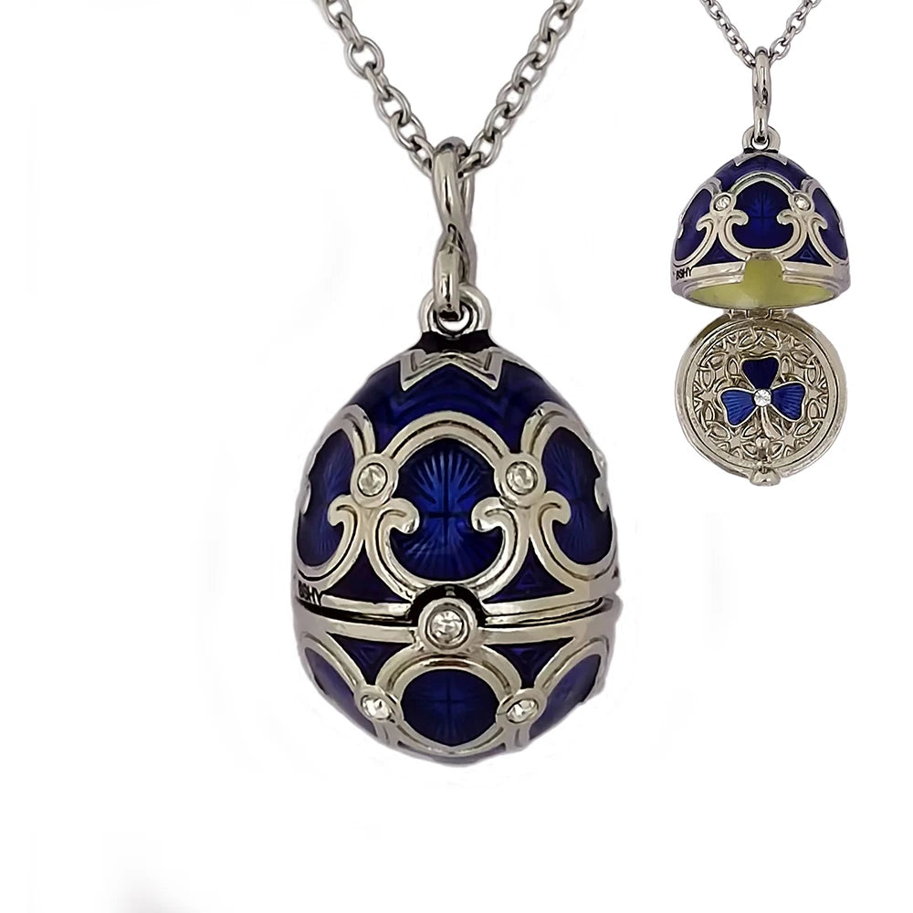 Collier pendentif œuf de Pâques Fabergé en émail fait à la main, médaillon en laiton, vintage, cristal, trèfle à l'intérieur, cadeau pour femmes et filles