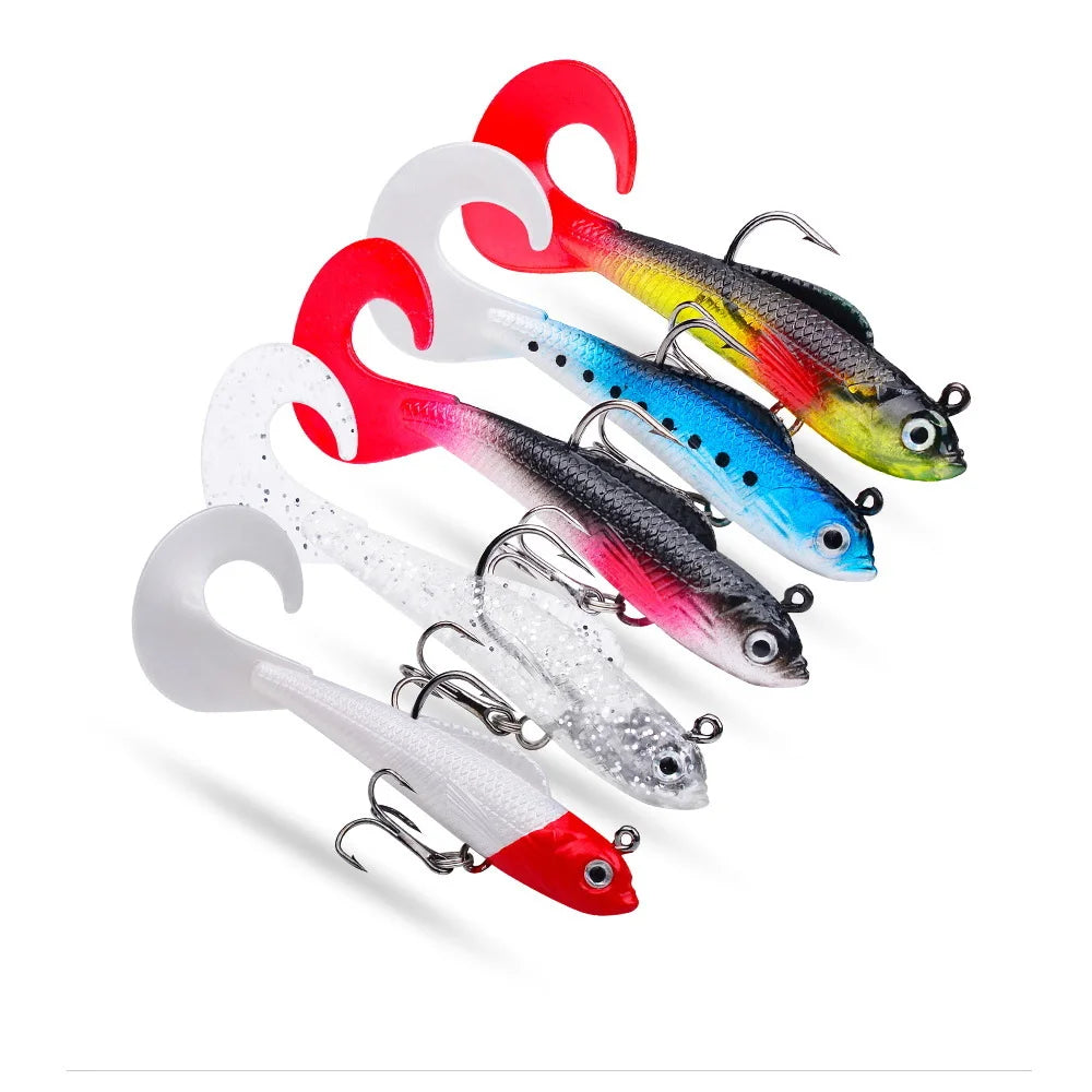 1pc Soft Bait Rubber Fishing Lure 75mm 85mm Artificial Sinking Swimbait Curly T Tail Jig Head Fishing Tackle Goods For Bass Pike