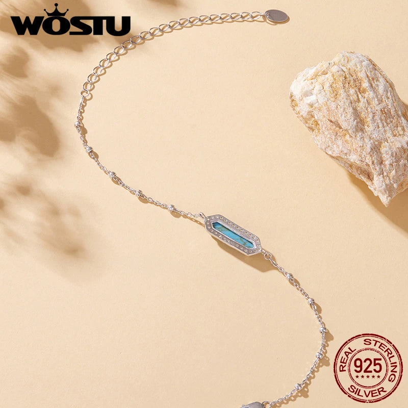 WOSTU Real 925 Sterling Silver Minimalist Rectangle Turquoise Bracelet For Women, Geometric Party Bracelet Fine Jewelry Gift