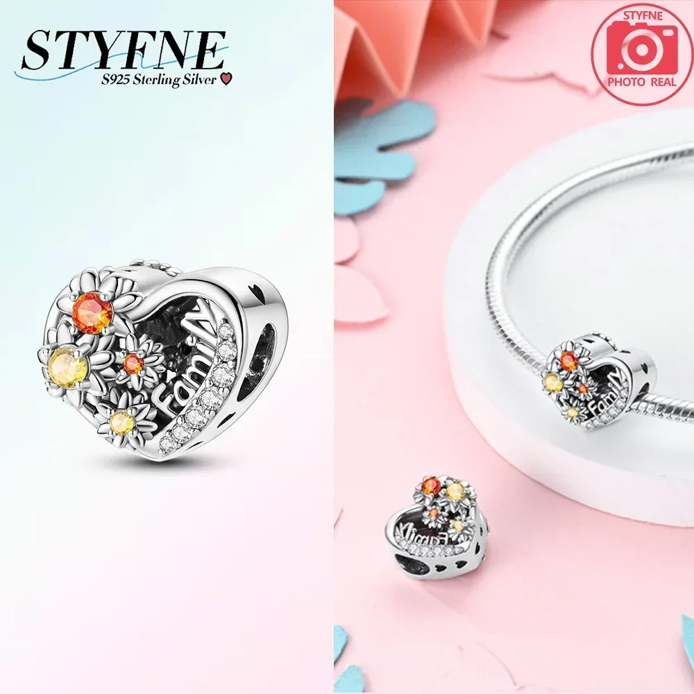 S925 Sterling Silver Flower with Various Shapes Sparkling Zircon Sunflower Charms Beads Fit Original Bracelets DIY Jewelry