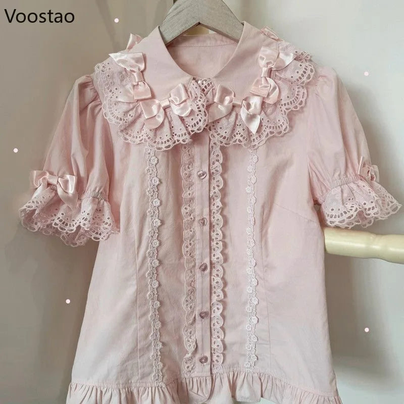 Japanese Sweet Lolita Style Shirts Women Kawaii Peter Pan Collar Bow Lace Ruffles Short Puff Sleeve Blouses Blusas Mujer Tops