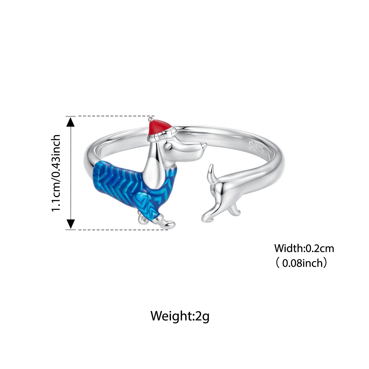 Bamoer 925 Sterling Silber Süßer Weihnachtsring mit Dackelmotiv, offener Ring, verstellbar, farbenfroh, für Damen und Teenager, schönes Weihnachtsgeschenk
