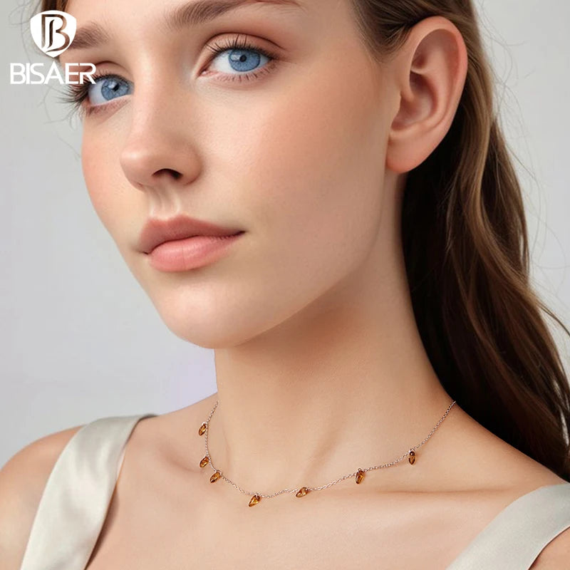 Collier pendentif pompon en ambre plaqué or blanc 925, chaîne ajustable, bijou fin pour femme BISAER EFN432