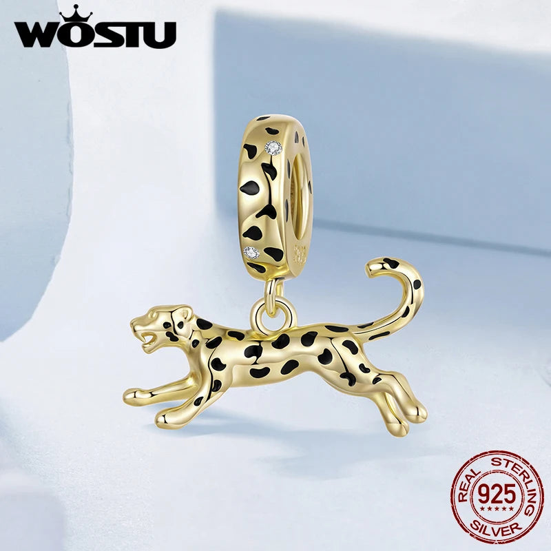 WOSTU 925 Sterling Silver 18K Gold Plate Leopard Lion Pendant Animal Charm For DIY Jewlery Gift Fit Original Bracelet Necklace