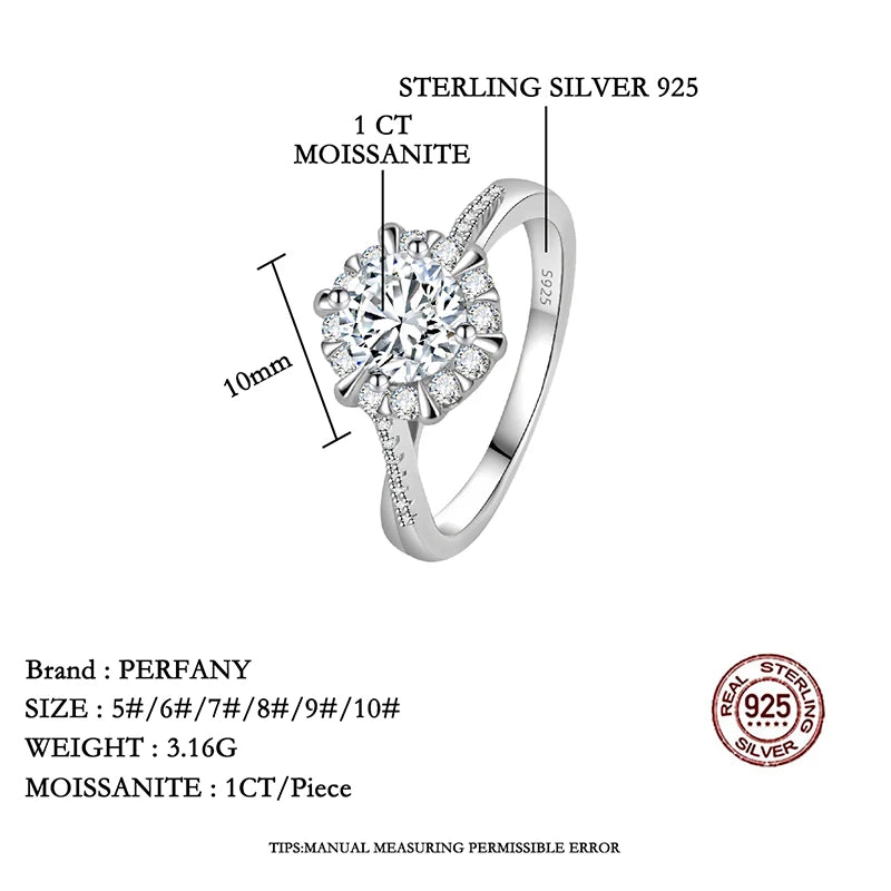 PERFANY 0.5/1CT Moissanite Engagement Rings for Women S925 Silver Sunflower Design Laboratory Diamond Rings Wedding Jewelry