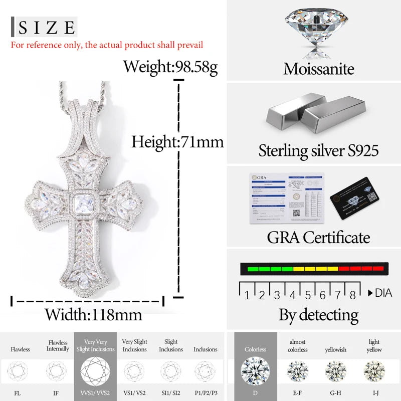 TUHE Unisex High Quality Classic Cross Pendant Mossanite Sterling Silver 925 Pendants For Men Women Hip Hop Jewelry