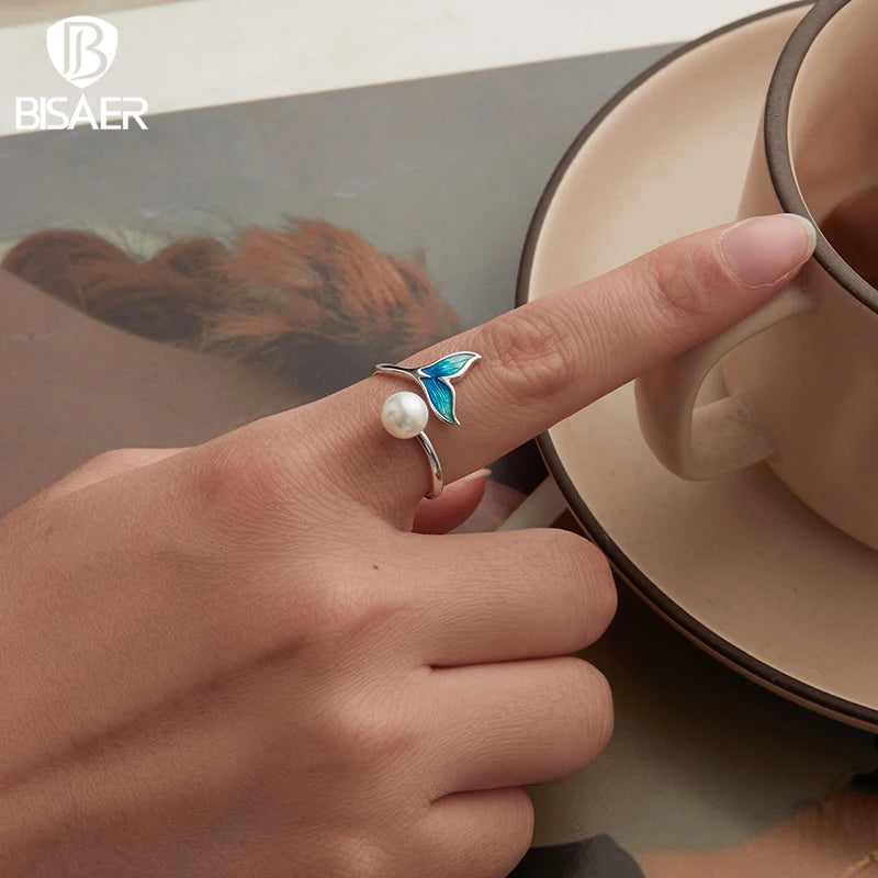 BISAER 925 Sterling Silver Mermaid Open Ring Pearl Gradient Enamel Band Plated White Gold for Women Party Original Fine Jewelry