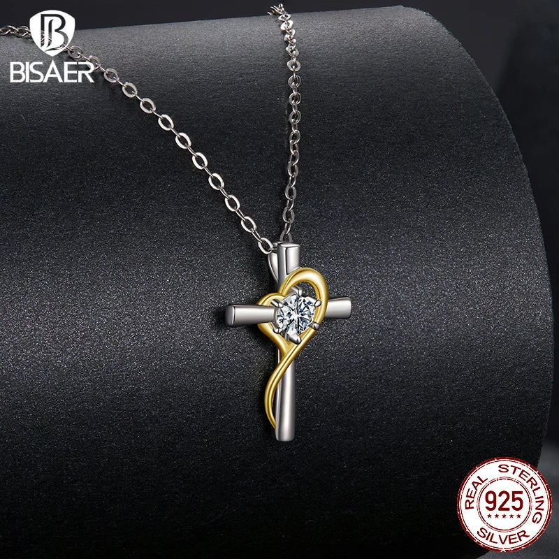 BISAER 925 Sterling Silver Moissanite Cross Necklace VVS1 EX Delicate Lab Diamond Adjustable Chain For Faith Woman Fine Jewelry