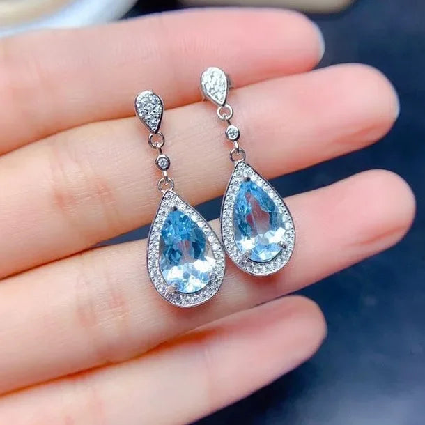 Natural Topaz Hoop Earrings Female Bule Stone Sterling Silver 925 Earrings for Women Big Topaz Earrings Valentiner's Day Gift