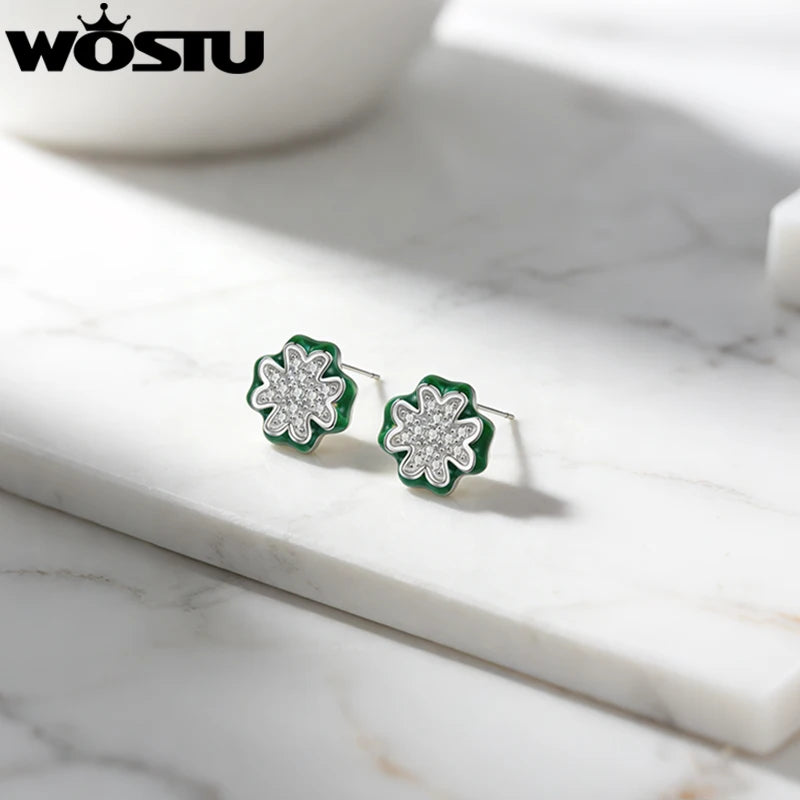 WOSTU Real 925 Silver Lucky Four Leaf Clover Stud Earrings, Green Enamel Sparkling CZ Studs for Women Daily Wear Valentine Gift
