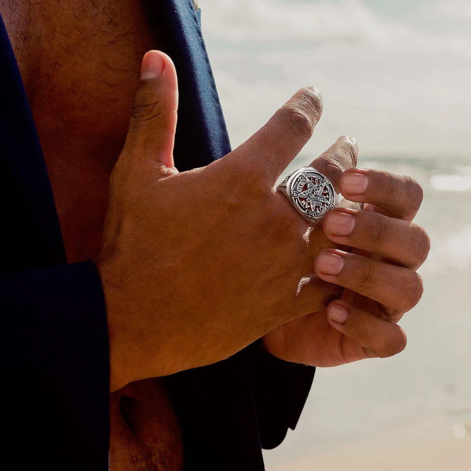 Eudora 925 Sterling Silver Pentagram Adjustable Ring Amulet Guardian Star Tetragrammaton Ring Hip Hop Jewelry Gift for Men Women