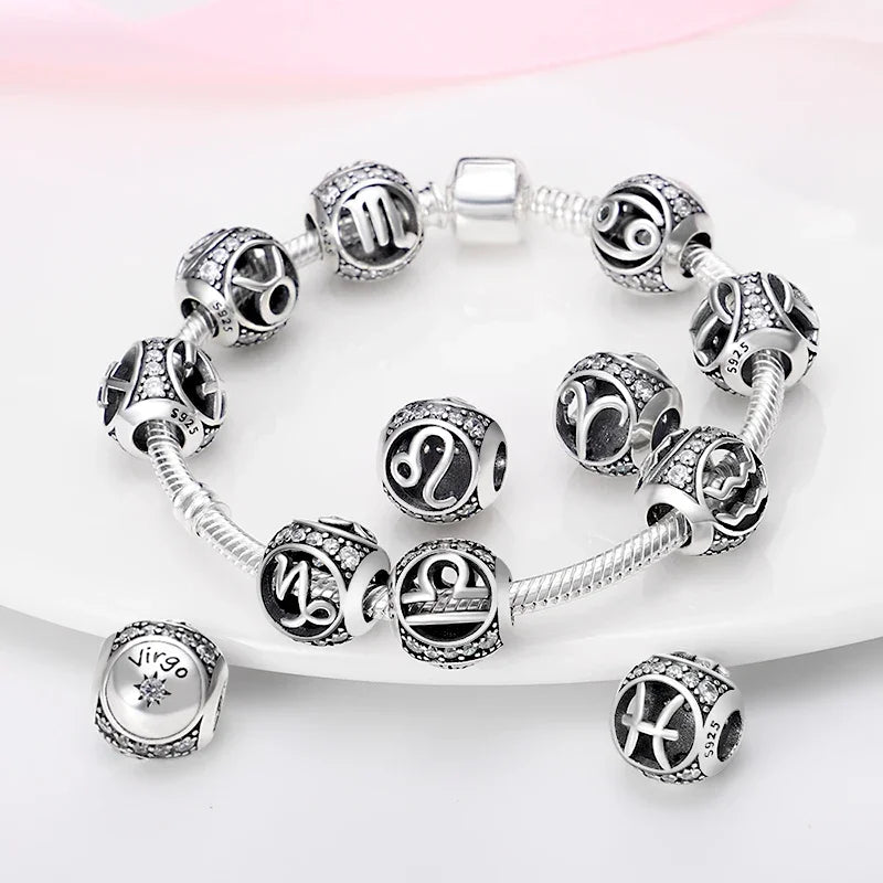 925 Sterling Silver 12 Constellation Beads Charm Fit Original  Bracelet for Women Jewelry Birthday Fashion Gift
