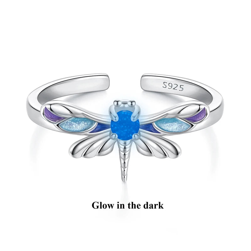 WOSTU  925 Sterling Silver Luminous Dragonfly Bee Ring Women Rainbow Glow in DarK Kunzite Open Rings Party Jewelry Birthday Gift