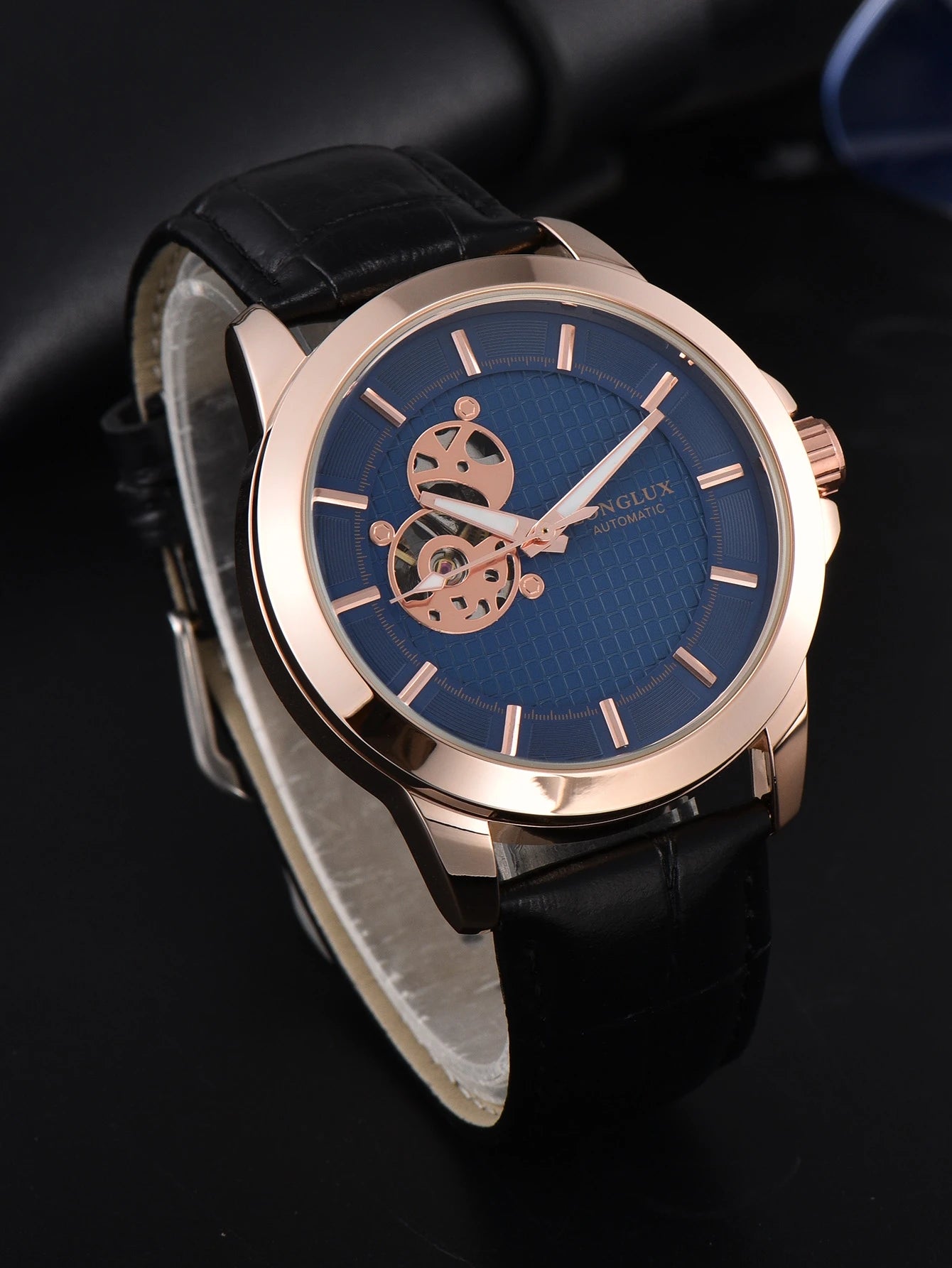 LONGLUX automatic watch Luxury elegant retro skeleton waterproof mechanical watches rose gold leather mens watch gift for you