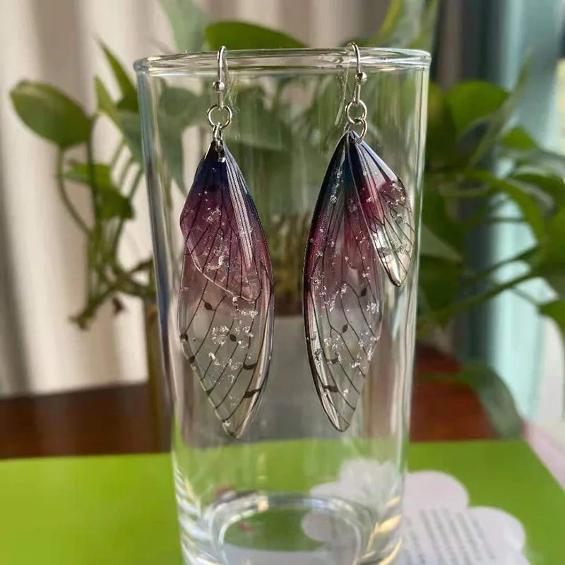 Minar Fairy Clear Gradient Resin Simulation Wings Butterfly Rhinestone Flake Long Dangle Earrings for Women Casual Party Jewelry