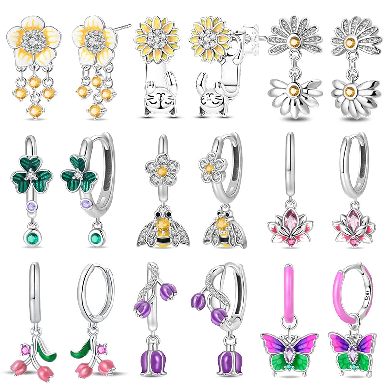Springtime Earring For Women 925 Sterling Silver Bee Magritte Flower Butterfly Double Hoop Earrings Jewelry Fine New Year Gift