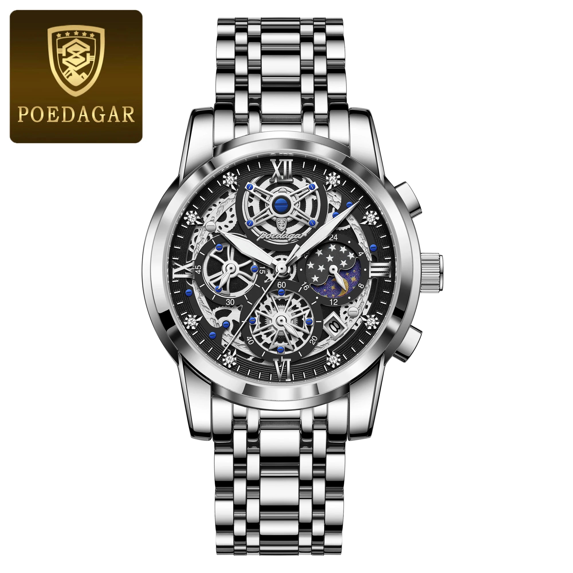 POEDAGAR Luxury Watch For Men Original Waterproof Luminous Date Man Clock Chronograph Stainless Steel Quartz Men's Watches Reloj