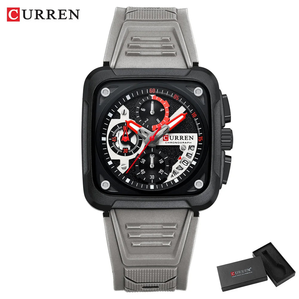 CURREN Men's Watches Brand Sporty Unique Square Dial with Chronograph Male Quartz Wristwatch with Silicone strap Waterproof