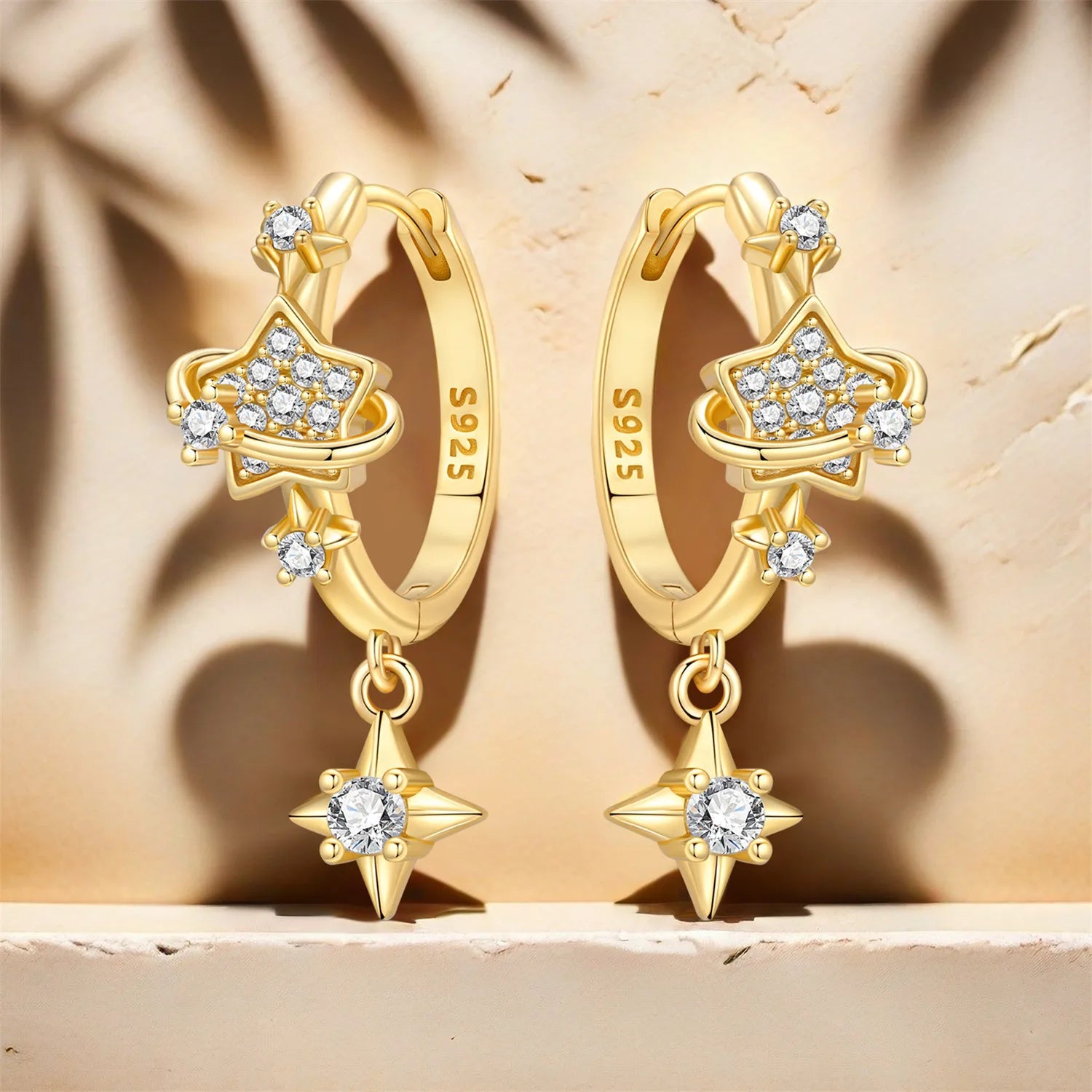 PANPOKI 925 Sterling Silver Golden Sparkling Stars Drop Earrings Women Earrings Charm Fashion Versatile Party Jewelry Gifts