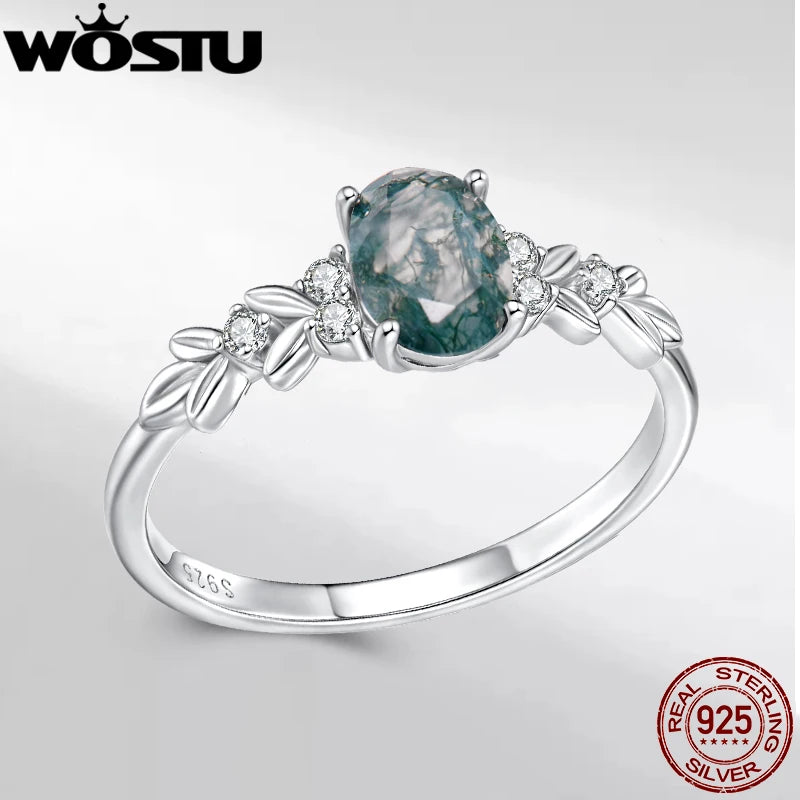 WOSTU Natural Moss Agate Ring For Women  925 Sterling Silver Oval Cut Sea Grass Agate Flower Rings Wedding Party Jewelry Gift