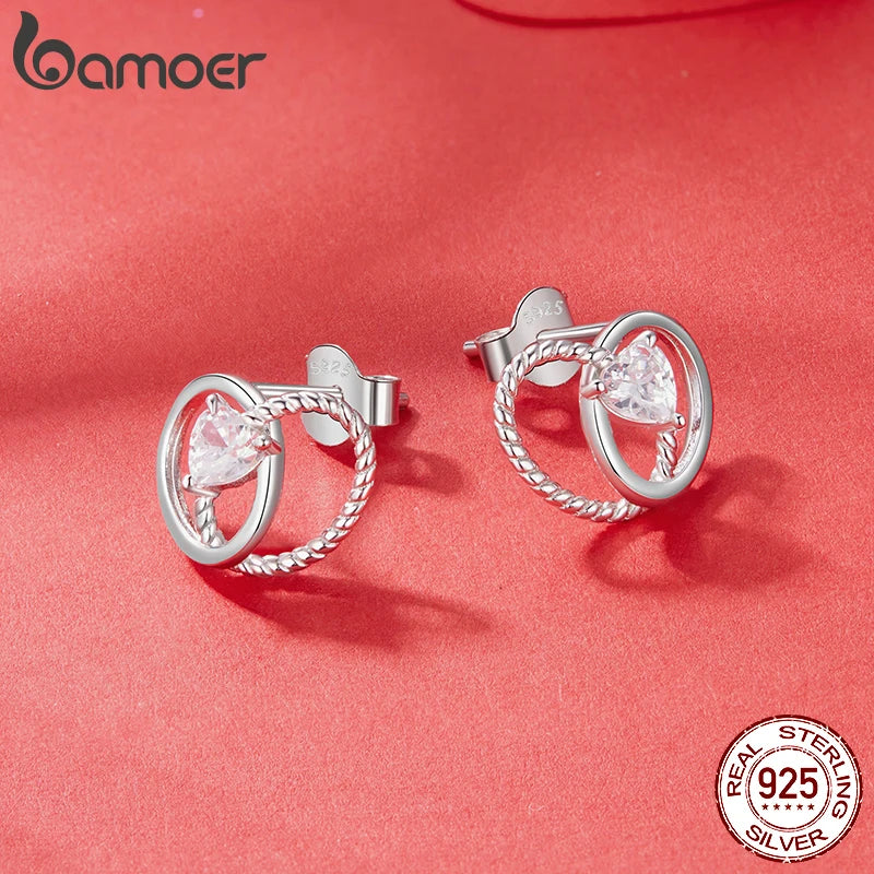 BAMOER 925 Sterling Silver Elegant Interlocking-Ring Heart Stud Earrings, Hypoallergenic Gold Plated Earrings Fine Jewelry Gift