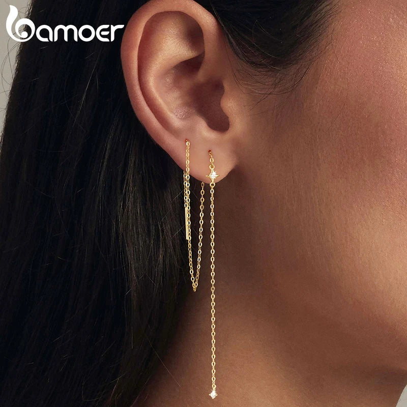 Bamoer Moissanite Long Chain Drop Dangle Earrings, 925 Sterling Silver Star Tassel Threader Double Piercings Convertible Earring