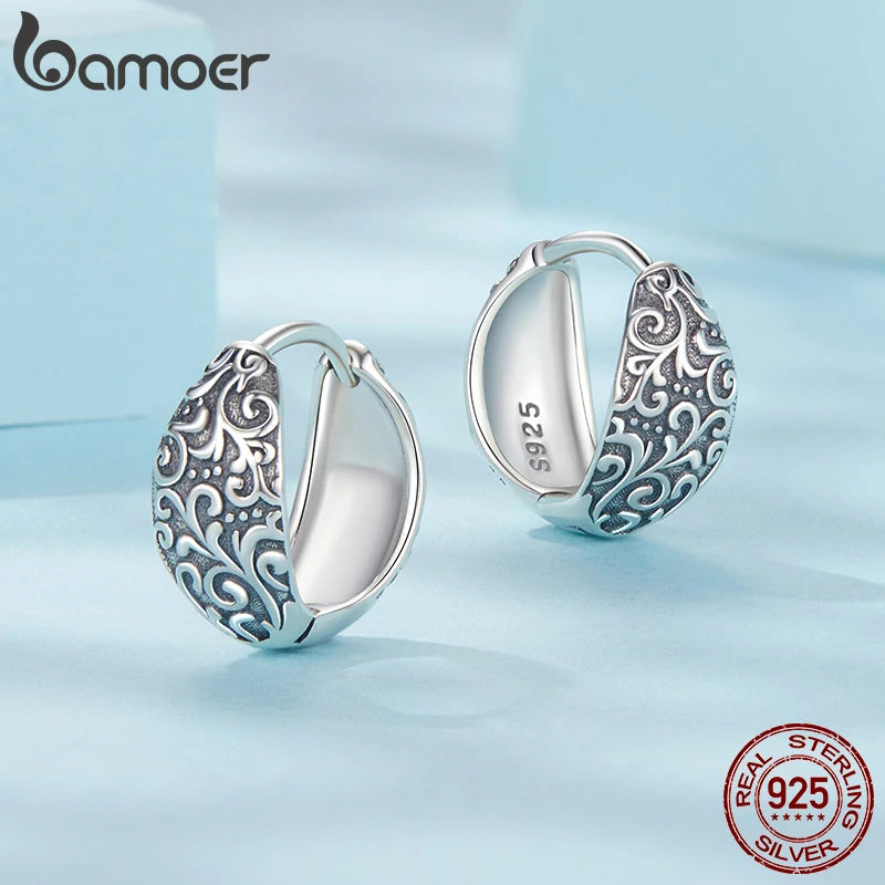 BAMOER Solid 925 Sterling Silver Retro Pattern Hoop Earrings for Women, Hypoallergenic Lightweight Personalized Fine Jewelry