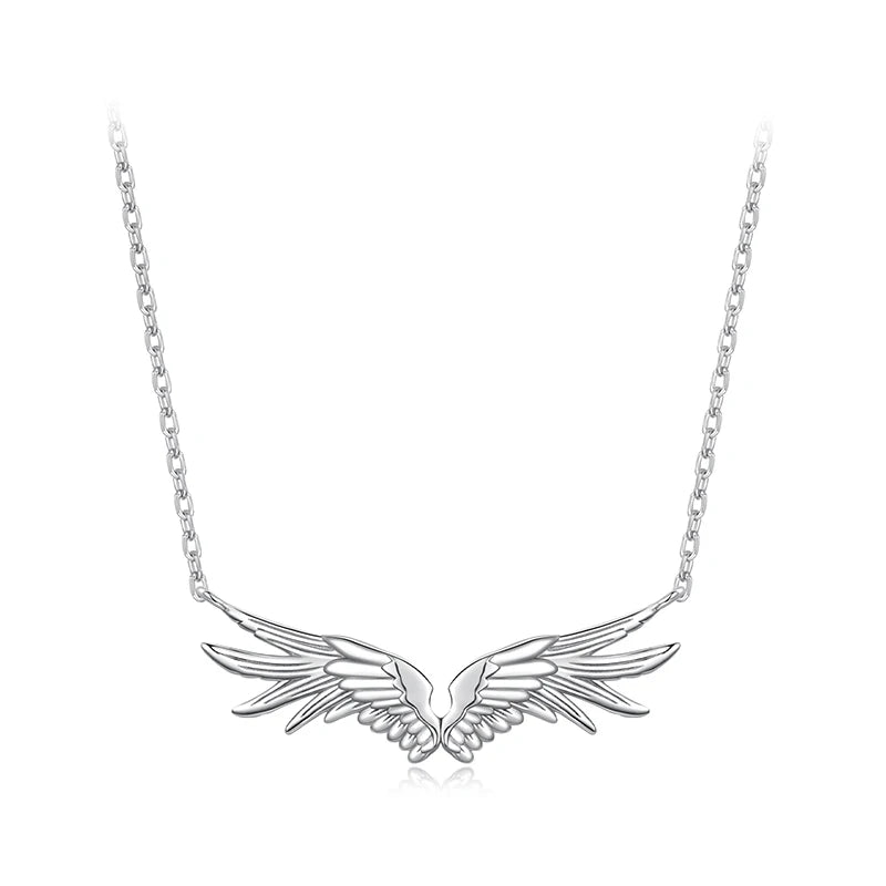 Bamoer 925 Sterling Silver Angel Wings Jewelry Set Vintage Feather Open Ring O-chain Link Necklace for Women Guardian Gift