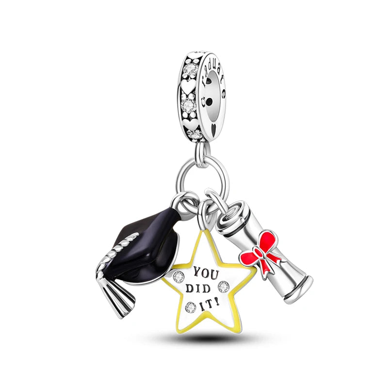 New 925 Silver Trencher Cap Graduation Season Charms Beads Fit 3mm 925 Original Bracelets DIY Unique Jewelry Graduation Gift