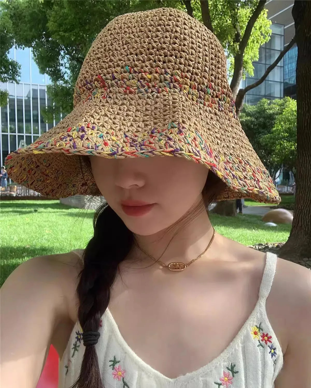 Rainbow woven women's sunscreen hat summer Japanese straw hat  protective fashion, breathable hollow beach sun hat