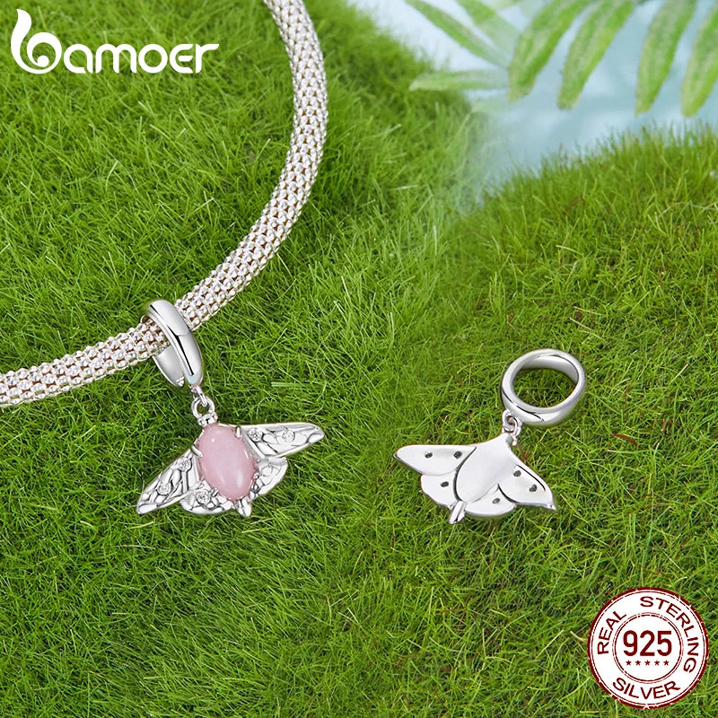 BAMOER Solid 925 Sterling Silver Natural Jade Butterfly Bee Bird Charm Pendant fit Original Bracelet DIY Jewelry Accessories