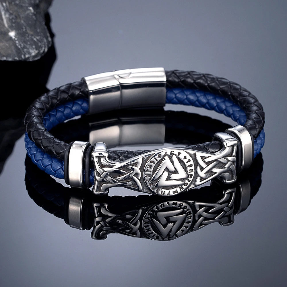 MKENDN Norse Viking Style Stainless Steel Compass Runes Amulet Braided Doublelayer Red Black Leather Bracelet Homme Pulseras