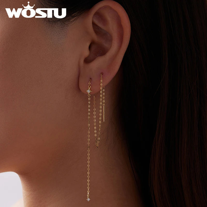 WOSTU Moissanite Star Long Dangle Earrings Chain for Women, 925 Silver Teens Line Dangle Earring Tassel Threader Chain Pendiant