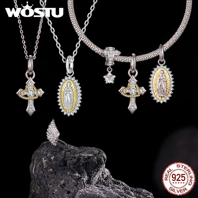 WOSTU 925 Sterling Silver Virgin Mary Pendant Cross Charms Wings of Protection Beads Fit Original Bracelet Necklace DIY Gift
