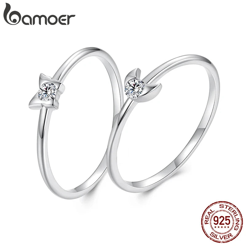 BAMOER Solid 925 Sterling Silver Fashion Butterfly / Moon Shiny Clear CZ Wedding Simple Finger Rings for Women Bride Girlfriend