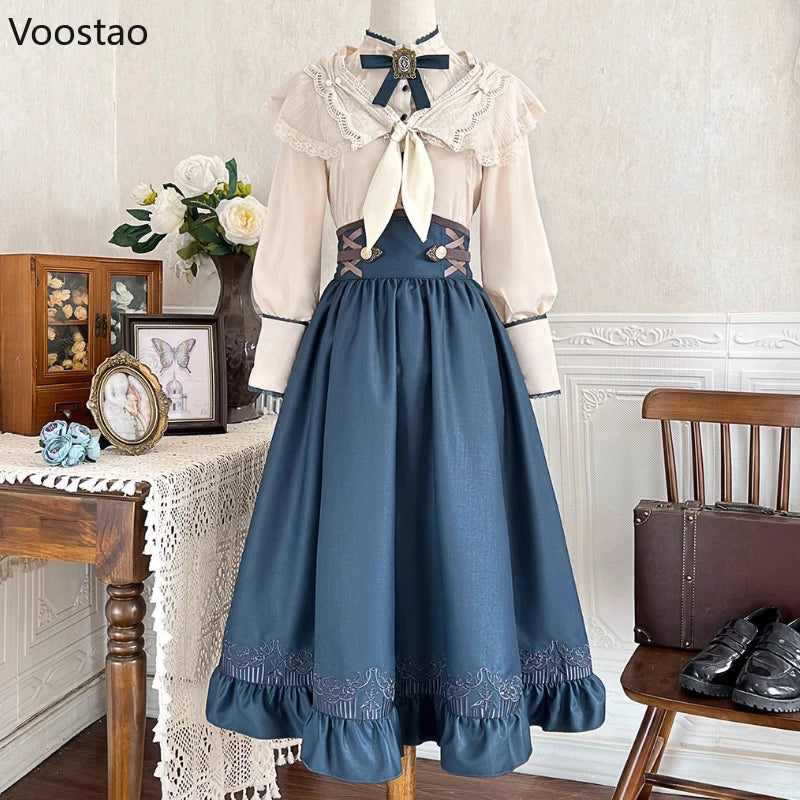Vintage Elegant Lolita Dress Set Women Sweet Princess Bow Lace Ruffle Shirt Y2k Slim Skirt 3 Piece Set Punk Gothic Party Outfits